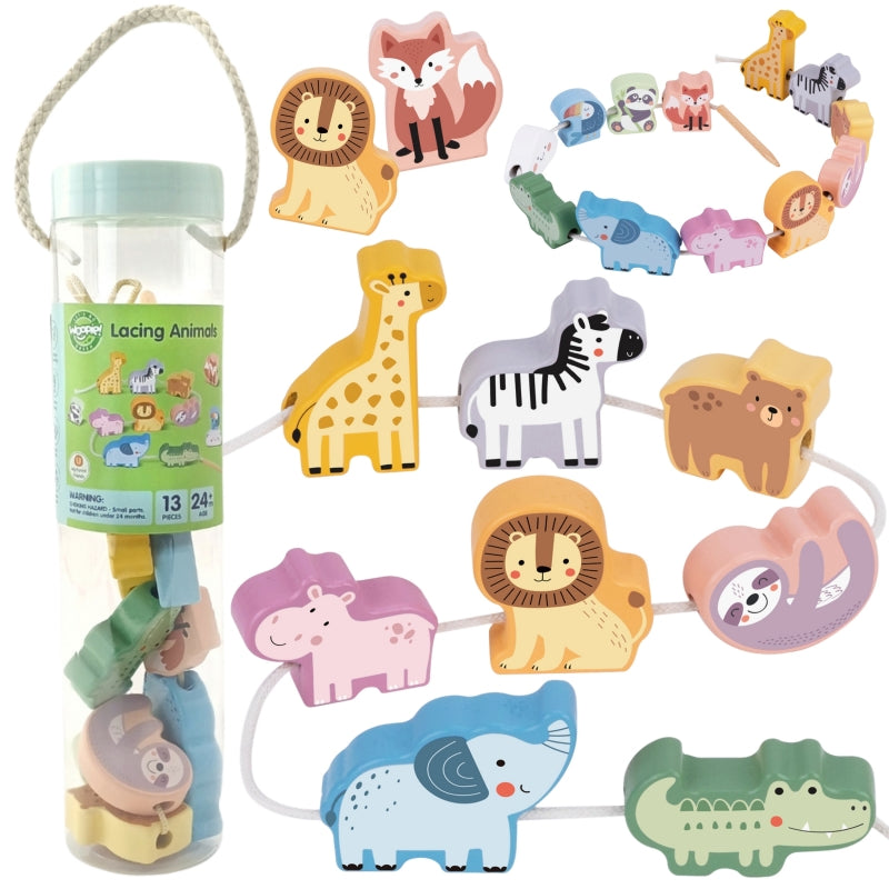 Montessori „Zoo“ mediniai sriegimo blokeliai vaikams 13 el., WOOPIE GREEN