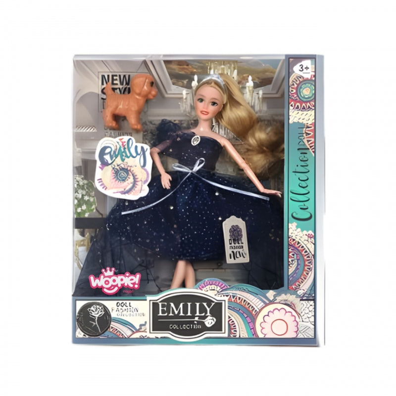 Lėlė Emi su karuna, juoda suknele ir šuniuku WOOPIE ROYAL