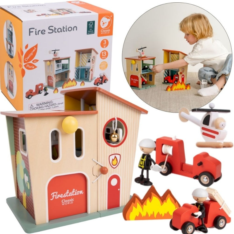 Medinė gaisrinė stotis su figūrėlėmis ir transporto priemonėmis 13 vnt. CLASSIC WORLD