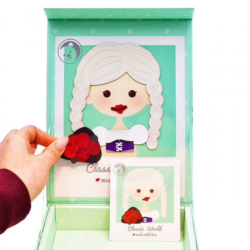 Medinė magnetinė dėlionė „Papuošk mergaitę“ 44 detalės, Woopie