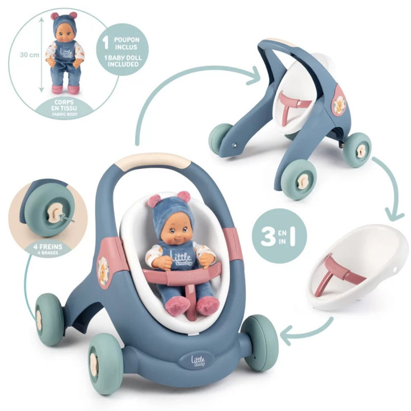 Lėlės vežimėlis 3in1 su lėle SMOBY Little Walker Push Toy