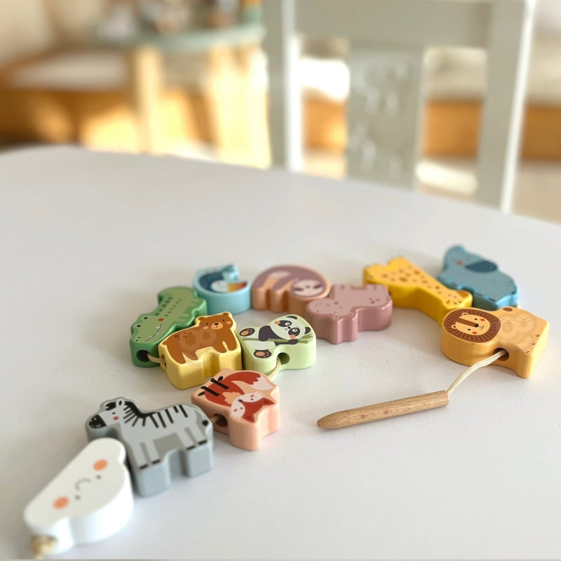 Montessori „Zoo“ mediniai sriegimo blokeliai vaikams 13 el., WOOPIE GREEN