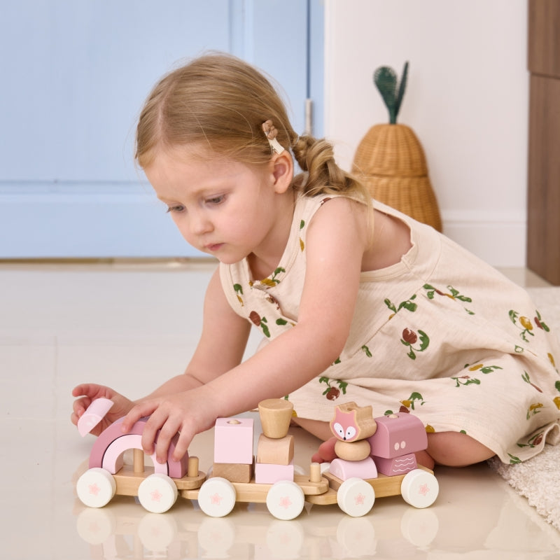 Medinis traukinys su vagonais ir kaladėlėmis, rožinis, VIGA PolarB