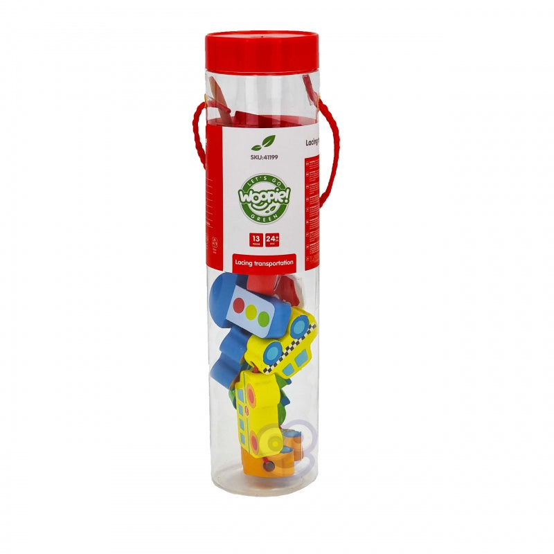 Medinės edukacinės veriamos kaladėlės 13 vnt. - Transporto priemonės Woopie