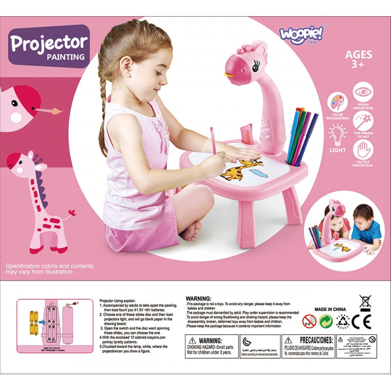 Rožinė piešimo lenta su žirafos projektoriumi ir žymekliais, WOOPIE