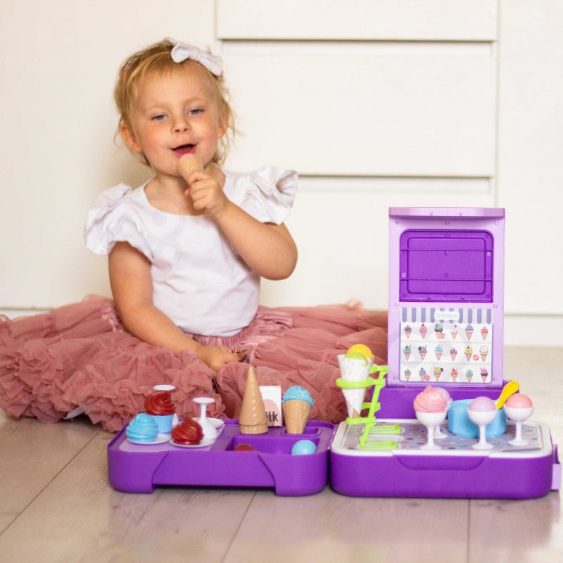 Žaislinė ledų parduotuvė su priedais lagaminėlyje 3in1, vioeltinis WOOPIE