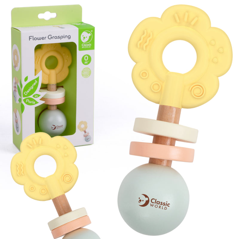 Medinis barškutis-kramtukas “Gėlė” 2in1, CLASSIC WORLD