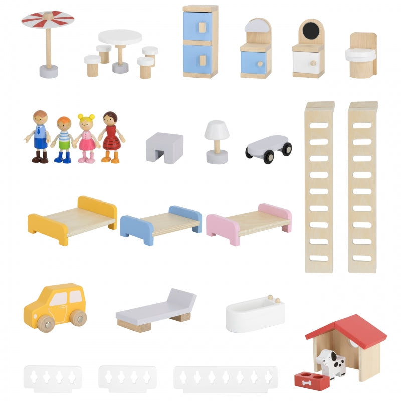 Medinis lėlių namelis su lėlėmis ir aksesuarais, VIGA