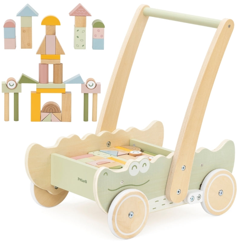 Medinis stumiamas vėžimėlis su statybiniais blokais, Viga