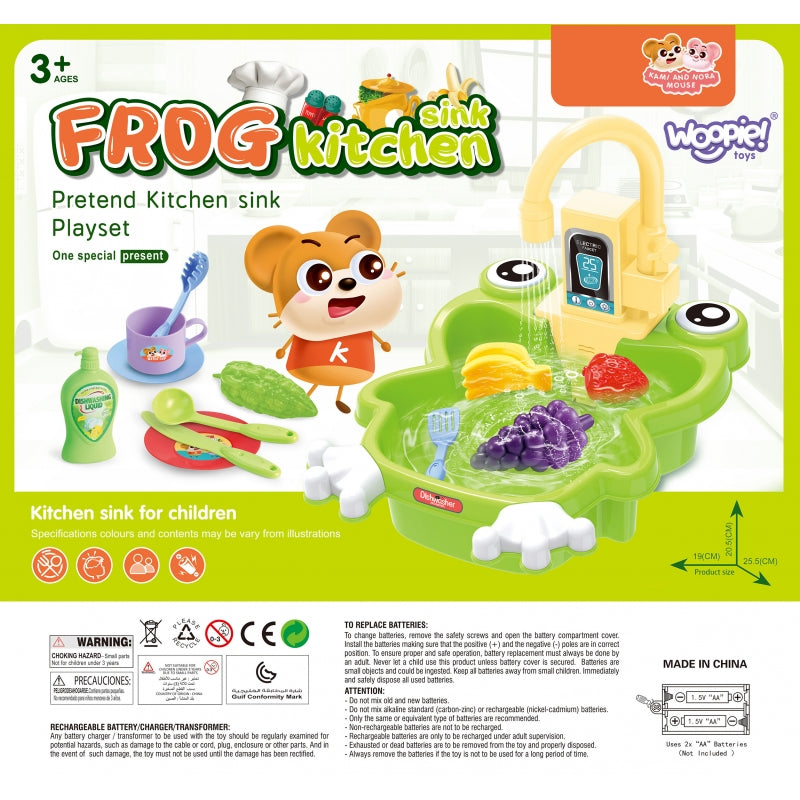 Žaislinė virtuvės kriauklė varlės formos 14 el. WOOPIE