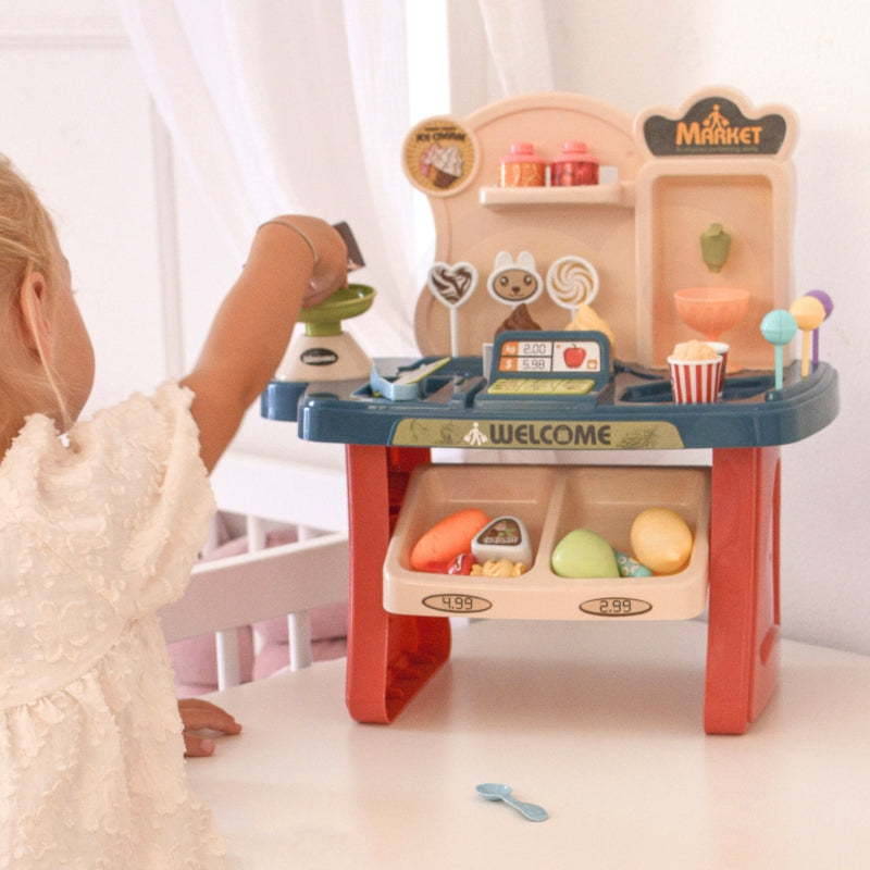 Vaikiška saldainių parduotuvėlė su vežimėliu ir priedais 40 vnt.