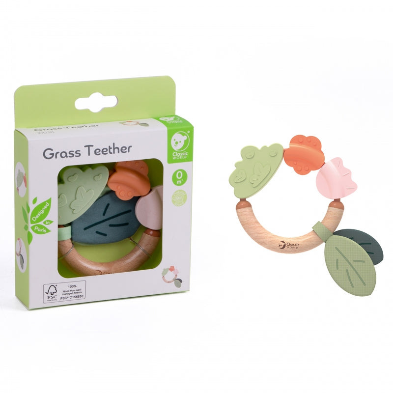 Medinis sensorinis barškutis-kramtukas 2in1, CLASSIC WORLD