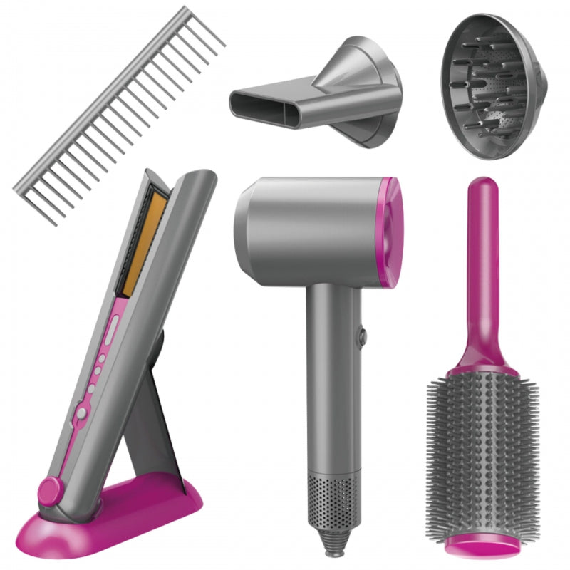 Žaislinis plaukų džiovintuvas tiesintuvas su priedais, WOOPIE