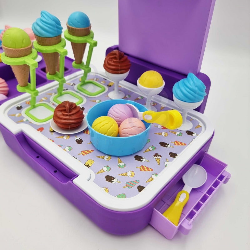 Žaislinė ledų parduotuvė su priedais lagaminėlyje 3in1, vioeltinis WOOPIE