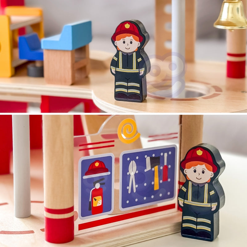 Medinis priešgaisrinės stoties rinkinys vaikams su figūrėlėmis 14 el., VIGA