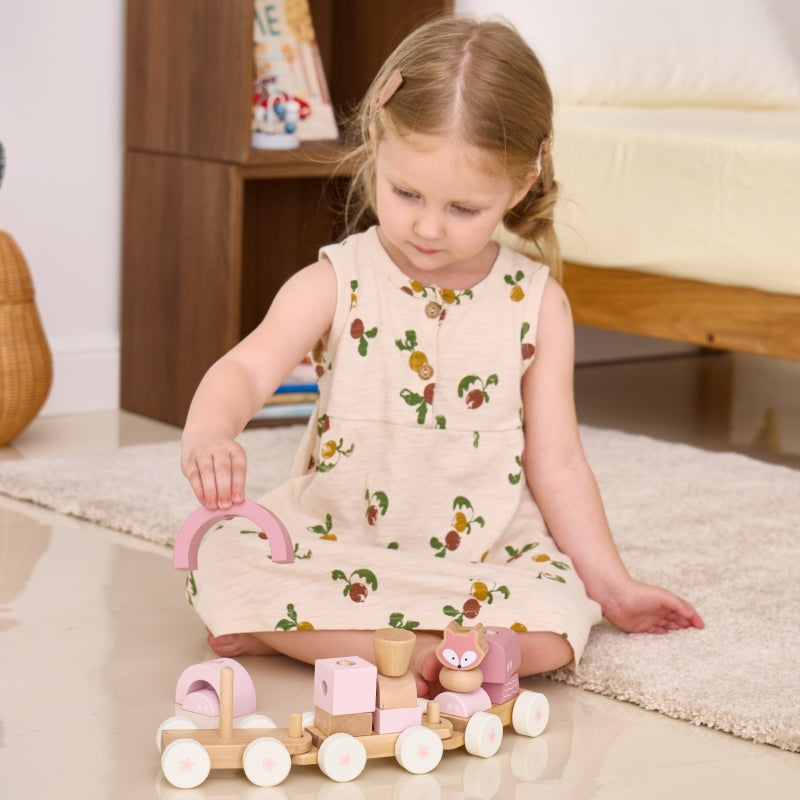 Medinis traukinys su vagonais ir kaladėlėmis, rožinis, VIGA PolarB