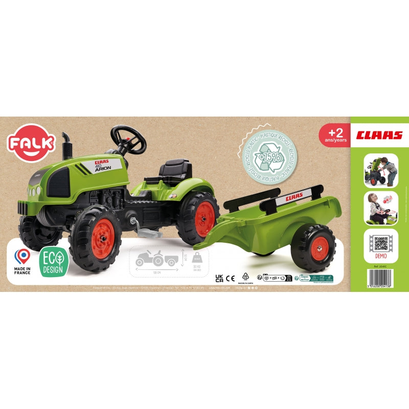 Vaikiškas minamas traktorius su kaušu ir priekaba CLAAS Falk, žalias