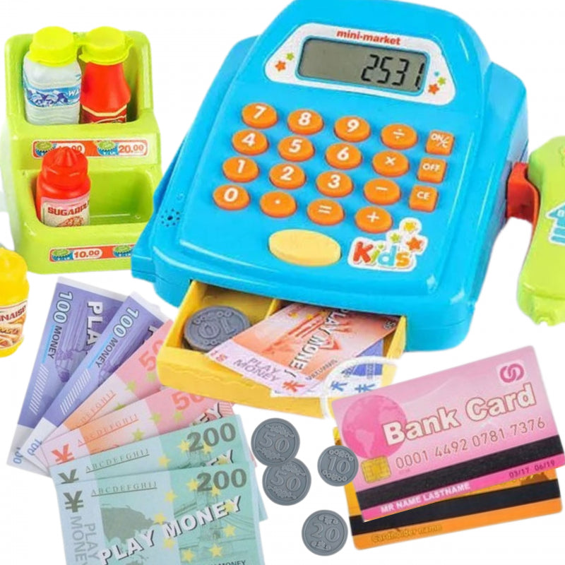 Žaislinis kasos aparatas su lentyna ir priedais WOOPIE