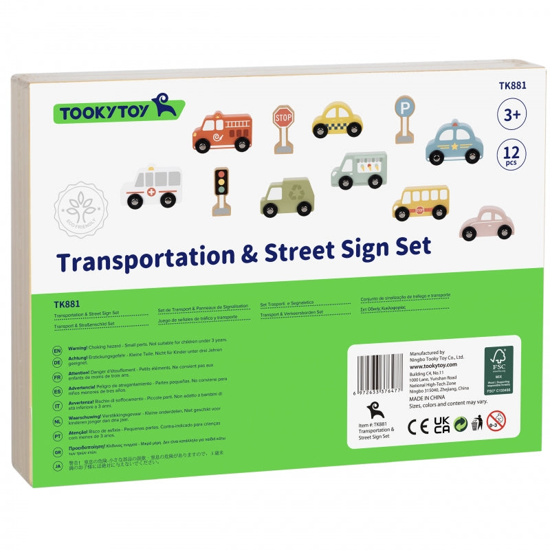 Medinių transporto priemonių ir kelio ženklų rinkinys dėžutėje, TOOKY TOY