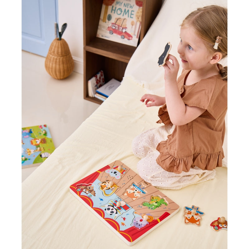 Medinė dėlionė vaikams su garsais „Grojantys gyvūnai“, VIGA