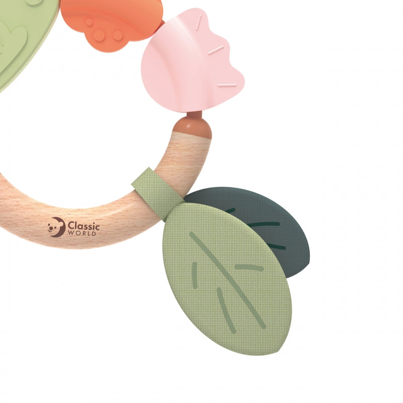 Medinis sensorinis barškutis-kramtukas 2in1, CLASSIC WORLD