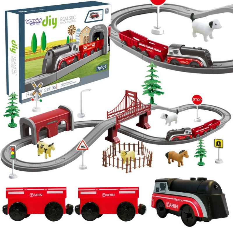 Elektrinis traukinio rinkinys su ūkio gyvūnais 70 vnt., WOOPIE