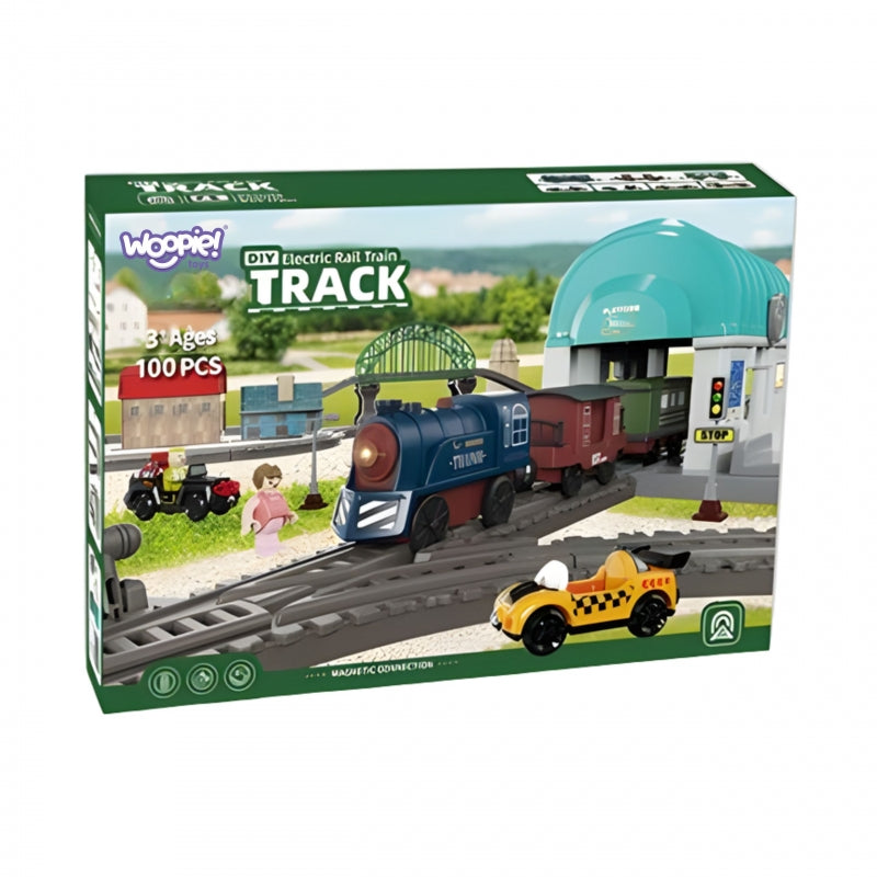 Didelis elektrinio traukinio rinkinys su bėgiais 108 vnt. WOOPIE