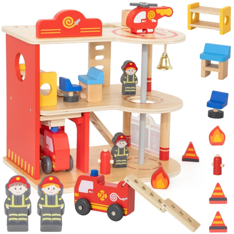 Medinis priešgaisrinės stoties rinkinys vaikams su figūrėlėmis 14 el., VIGA