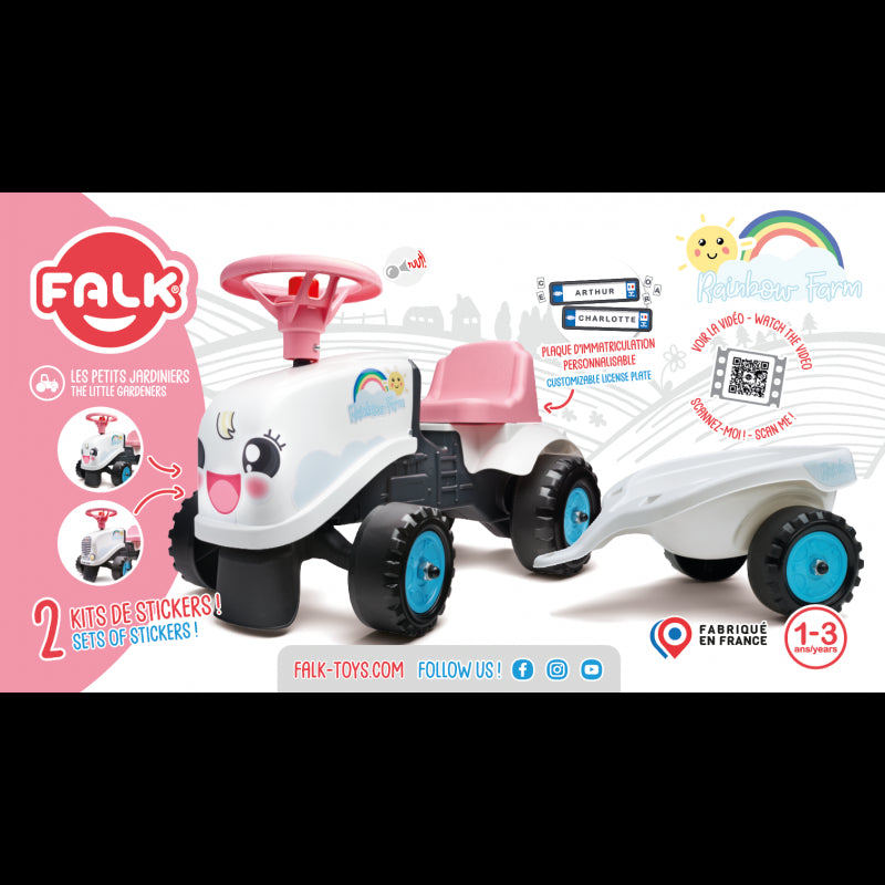 Paspiriamas traktorius FALK RAINBOWN su priekaba, baltas
