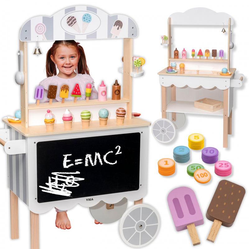 Vaikiška medinė cukrainė ir ledų parduotuvė ant ratų Viga