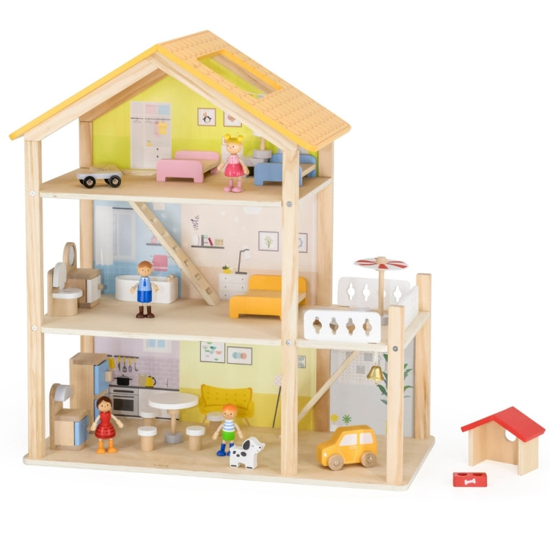 Medinis lėlių namelis su lėlėmis ir aksesuarais, VIGA