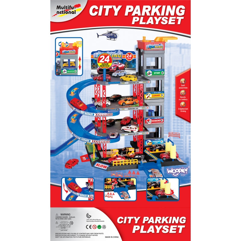 Automobilių garažas su trasa, automobiliais ir sraigtasparniu su priedais Woopie