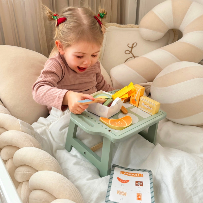 Medinis pusryčių rinkinys su padėklu ir priedais, WOOPIE GREEN