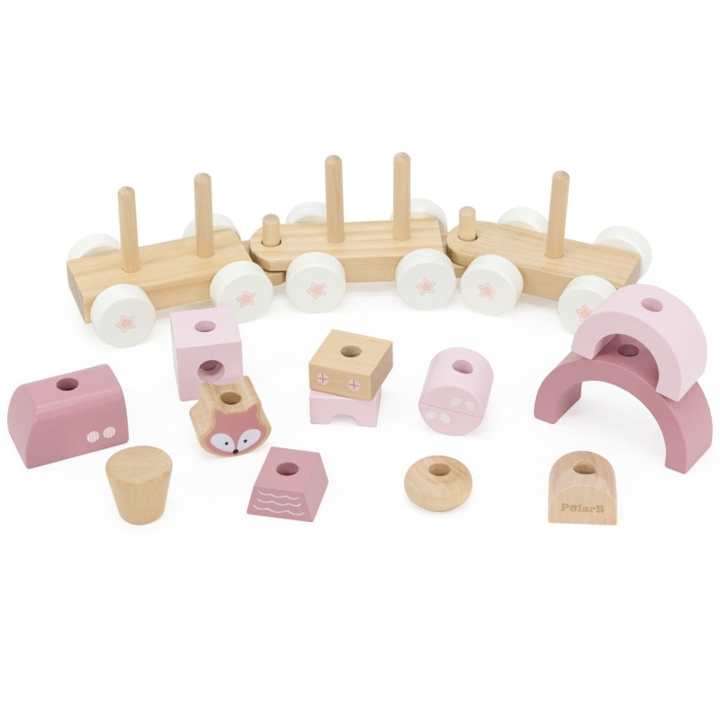 Medinis traukinys su vagonais ir kaladėlėmis, rožinis, VIGA PolarB