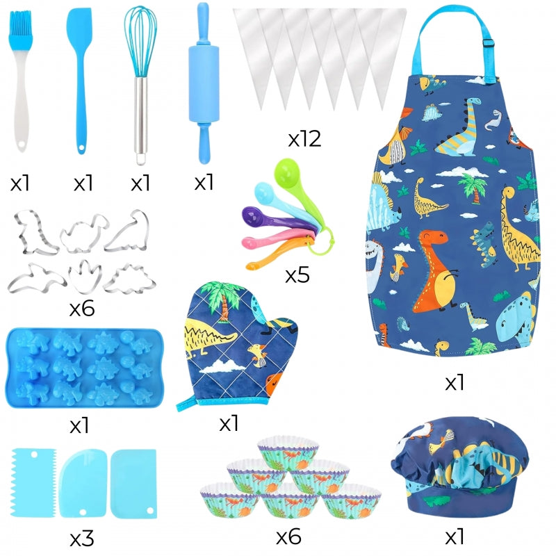 Mažojo virėjo įrankių rinkinys su prijuoste ir dinozaurų motyvu, WOOPIE