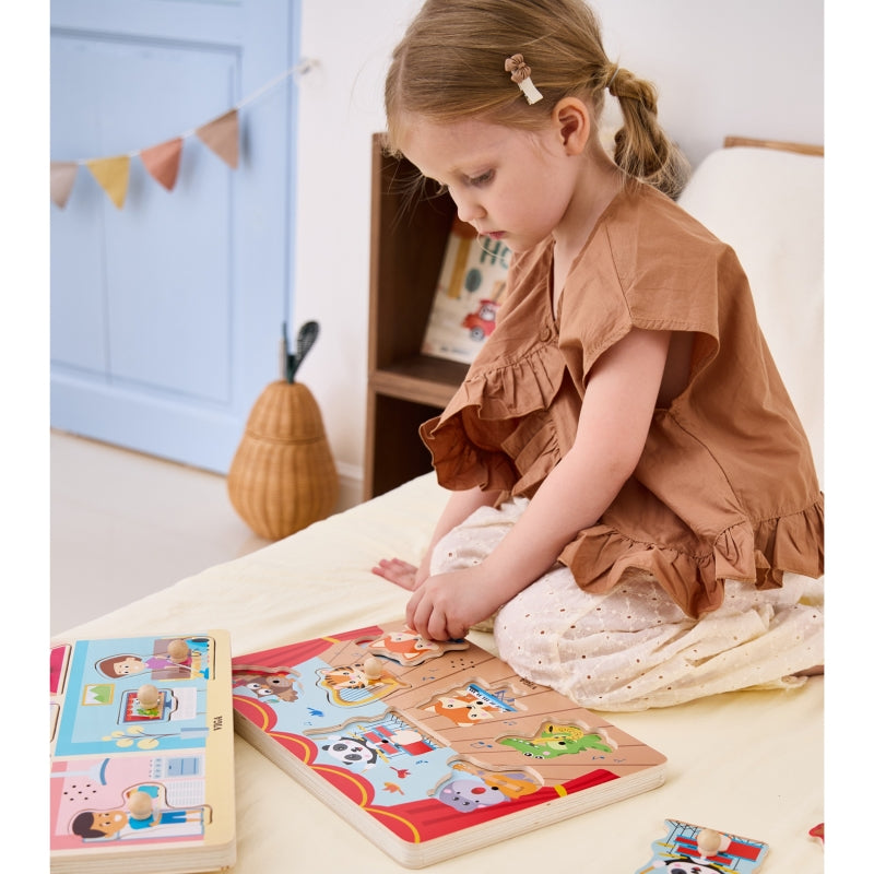 Medinė dėlionė vaikams su garsais „Grojantys gyvūnai“, VIGA