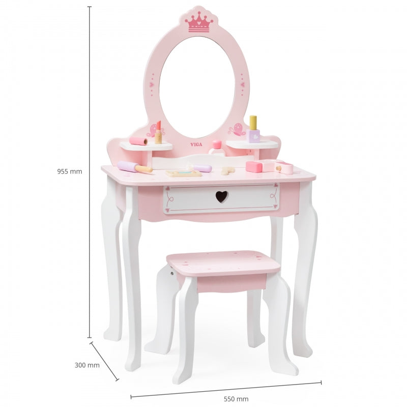 Medinis didelis tualetinis staliukas su veidrodžiu ir kėdute vaikams, VIGA