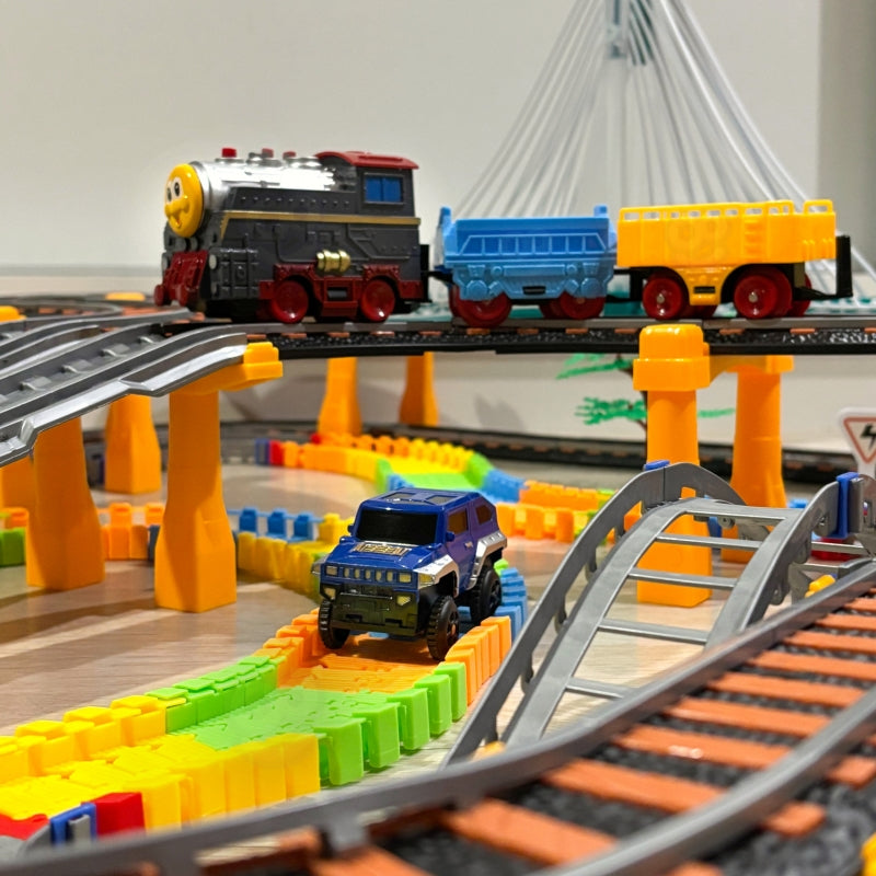 Trasa elektrinis geležinkelis 2in1 su automobiliu XXL 192 el. WOOPIE