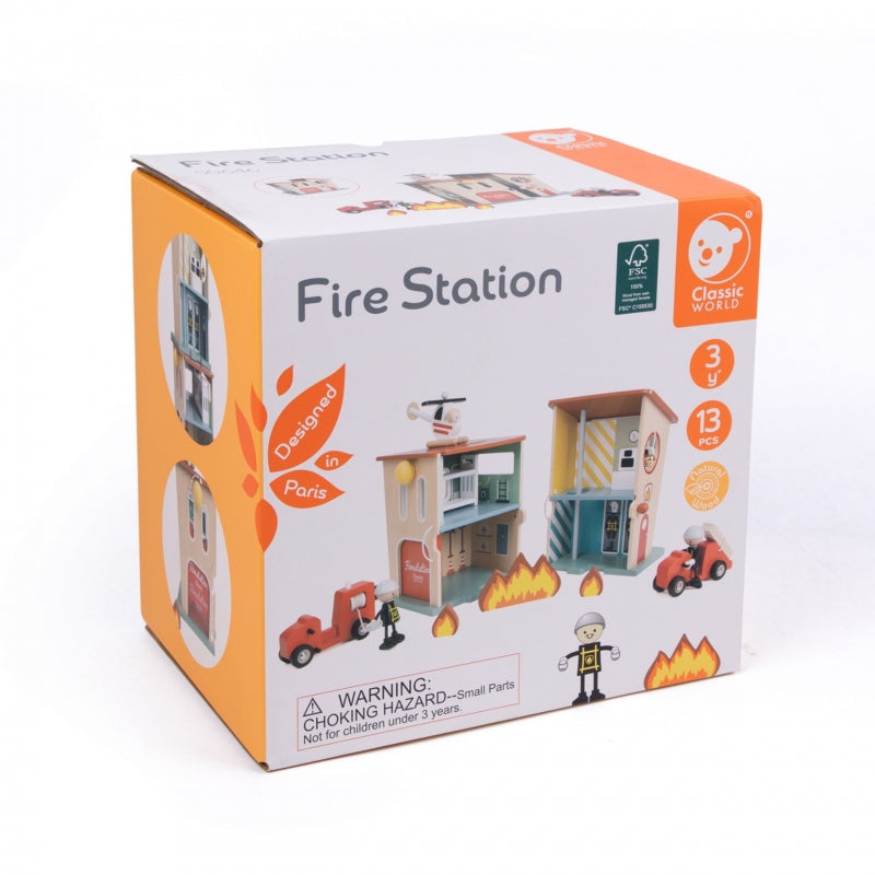 Medinė gaisrinė stotis su figūrėlėmis ir transporto priemonėmis 13 vnt. CLASSIC WORLD