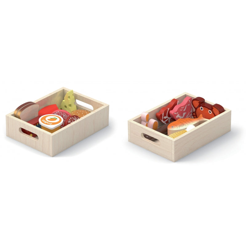 Pusryčių, mėsos ir žuvies žaislinis rinkinys dėžutėse „Viga“