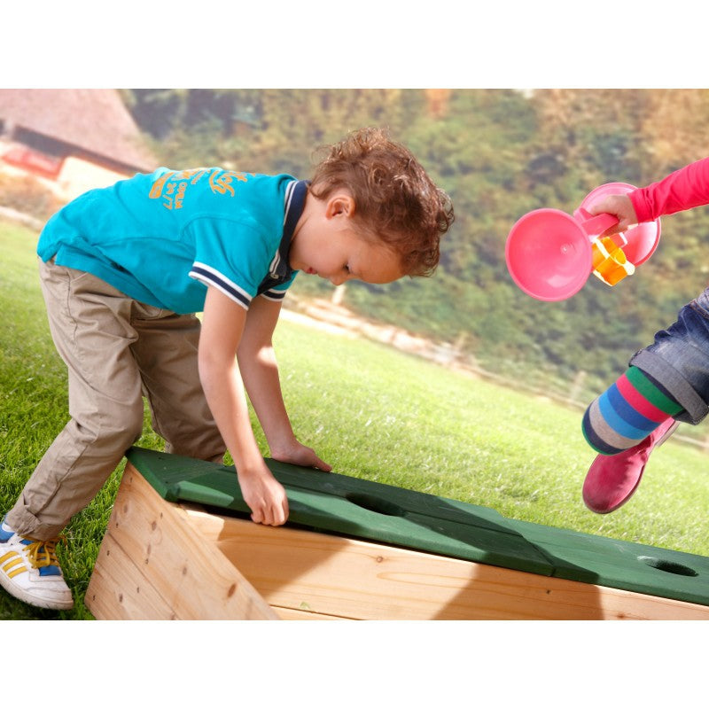 Medinė smėlio dėžė + priedų laikymo dėžutė + brezentas