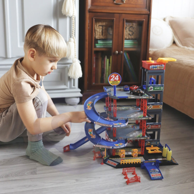 Automobilių garažas su trasa, automobiliais ir sraigtasparniu su priedais Woopie