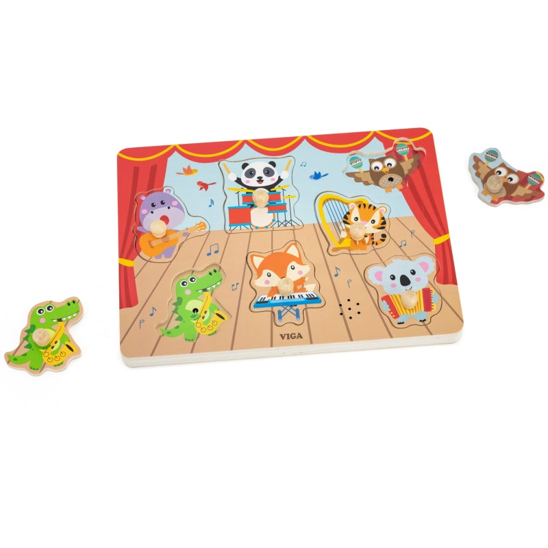 Medinė dėlionė vaikams su garsais „Grojantys gyvūnai“, VIGA