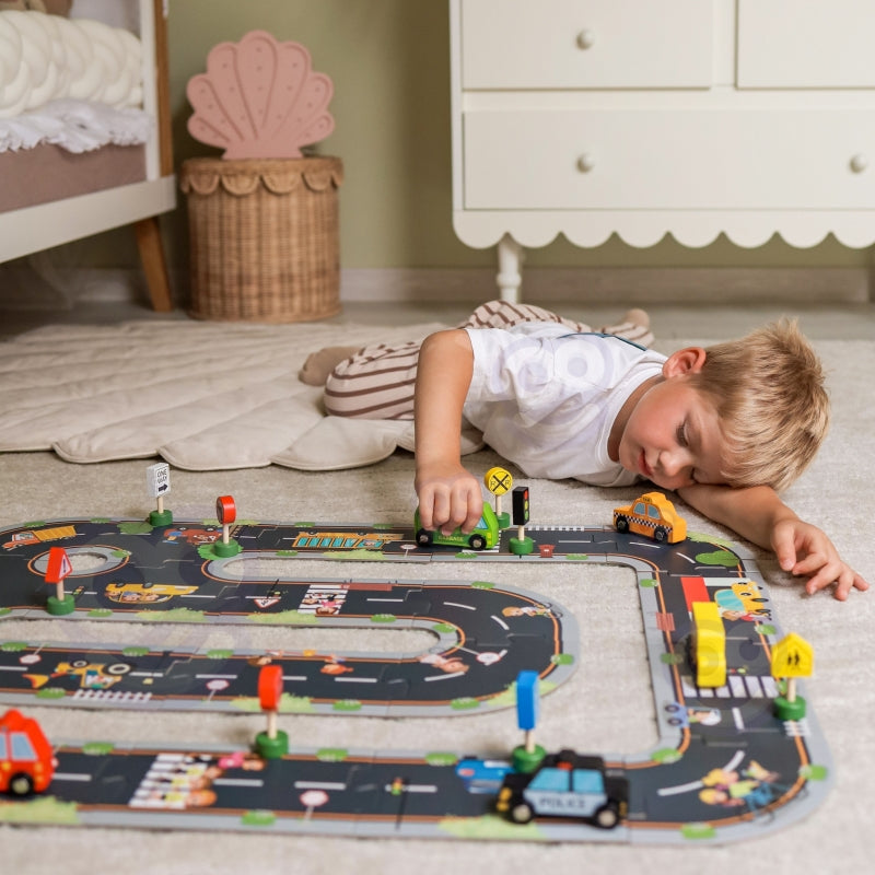 Medinių transporto priemonių ir kelio ženklų rinkinys 15 vnt., WOOPIE GREEN