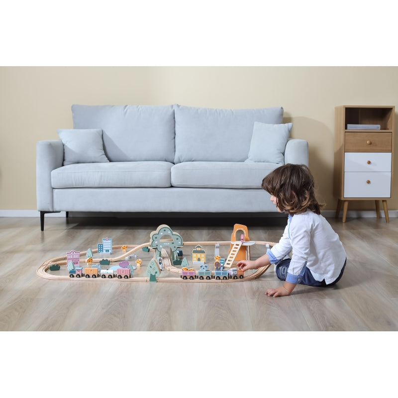 Medinis traukinukas vaikams su bėgiais ir priedais 90 el., VIGA PolarB