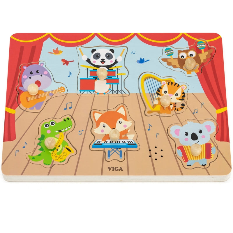 Medinė dėlionė vaikams su garsais „Grojantys gyvūnai“, VIGA