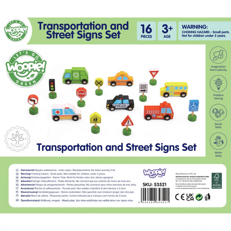 Medinių transporto priemonių ir kelio ženklų rinkinys 15 vnt., WOOPIE GREEN