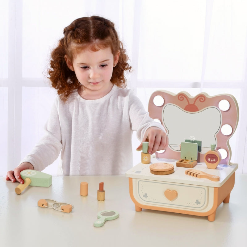 Medinis drugelio formos kosmetinis staliukas su LED apšvietimu ir kosmetika, TOOKY TOY