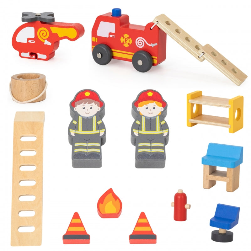 Medinis priešgaisrinės stoties rinkinys vaikams su figūrėlėmis 14 el., VIGA