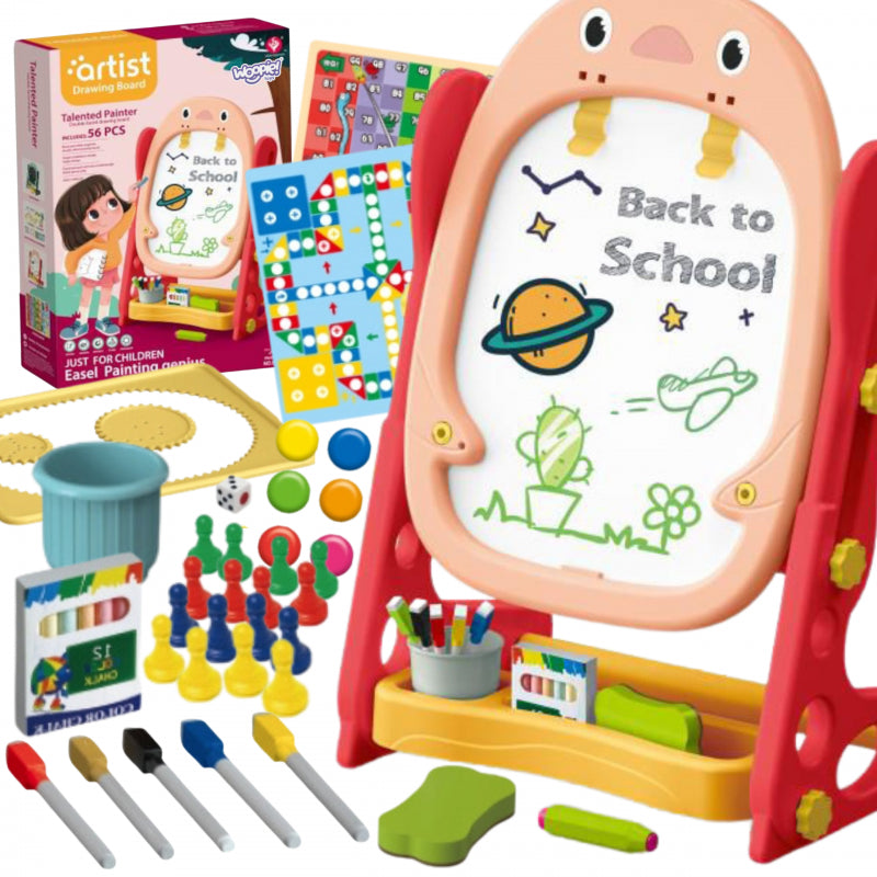 Dvipusė pastatoma magnetinė piešimo lenta "Pingvinas" 57 el., raudona, WOOPIE